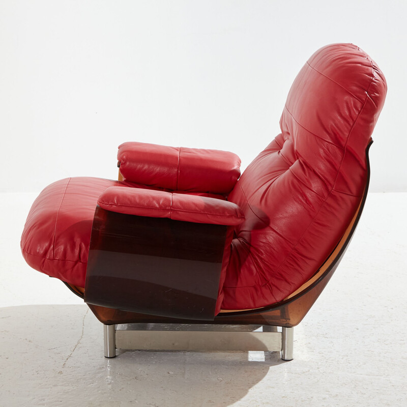Vintage fauteuil in Marsala rood leer van Michel Ducaroy voor Ligne Roset