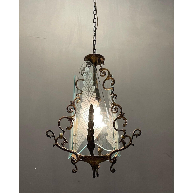 Vintage art deco bronze and engraved glass suspension, Italy 1940-1950