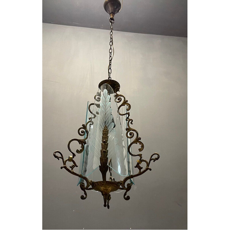 Vintage art deco bronze and engraved glass suspension, Italy 1940-1950