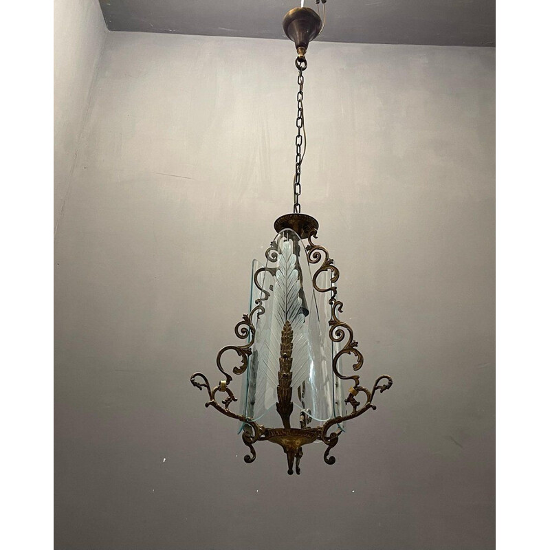 Vintage art deco bronze and engraved glass suspension, Italy 1940-1950
