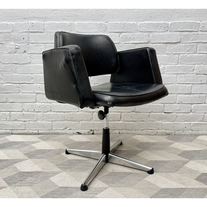 Vintage black leather swivel office chair, 1960-1970