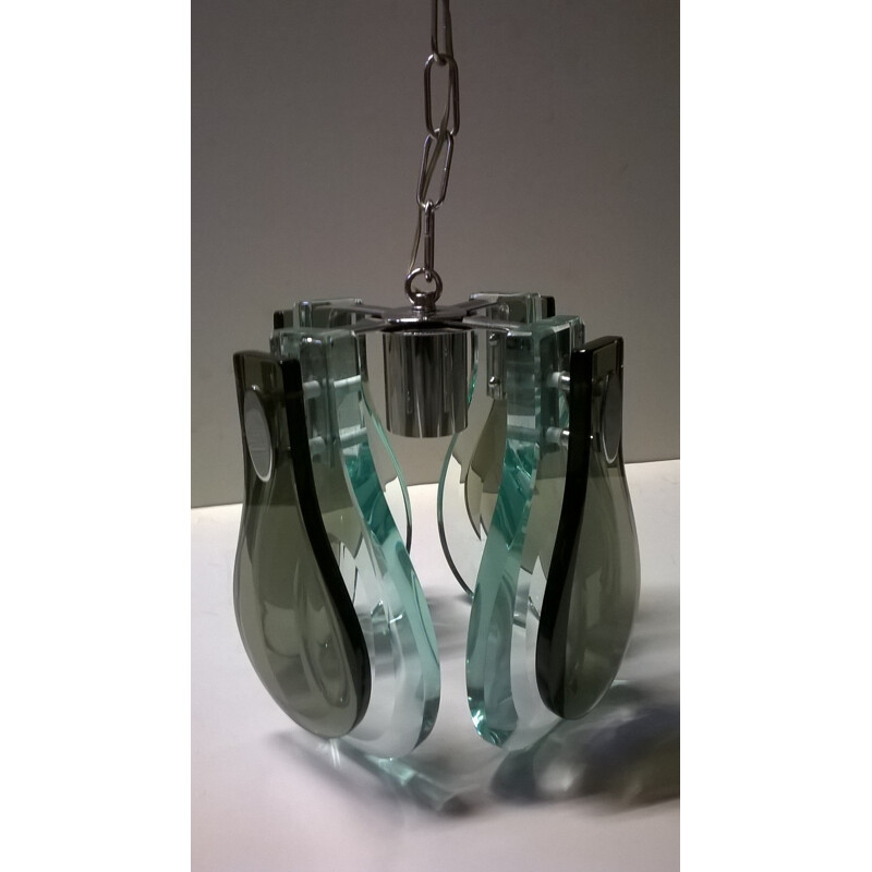 Lámpara de suspensión vintage de cristal y acero cromado, Italia 1970