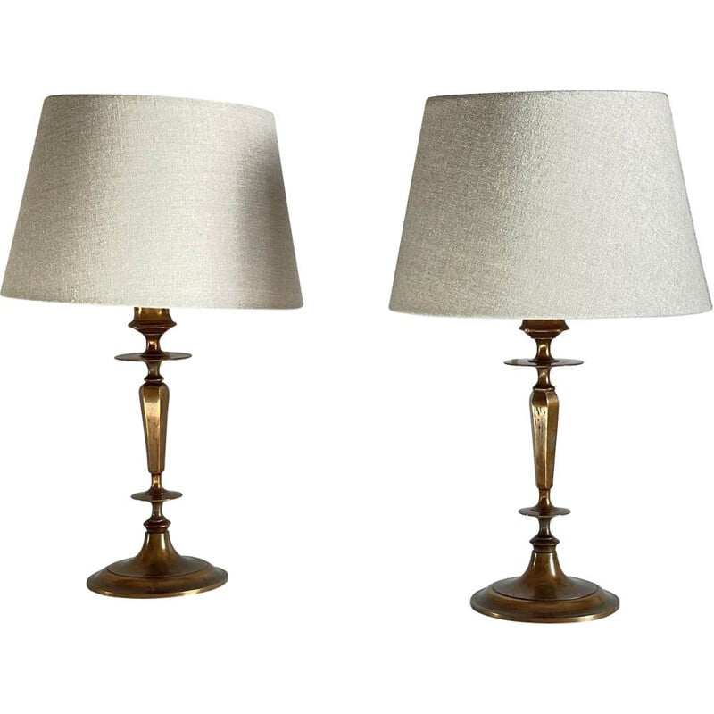 Pair of vintage lamps in solid brass and grey fabric