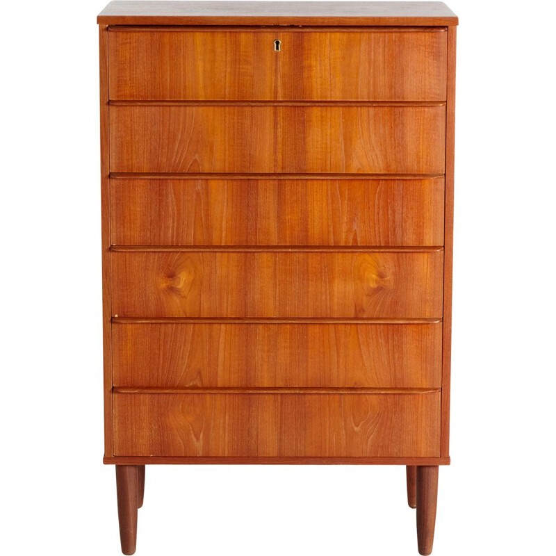 Teak vintage chest of drawers on cylindrical legs, Denmark