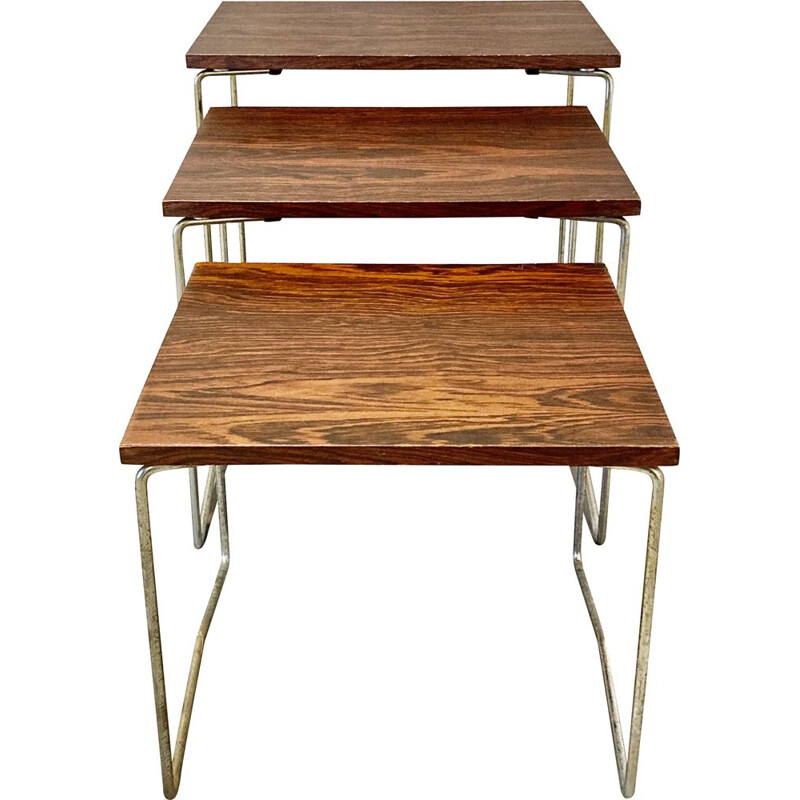 Vintage nesting tables in metal and rosewood, 1950