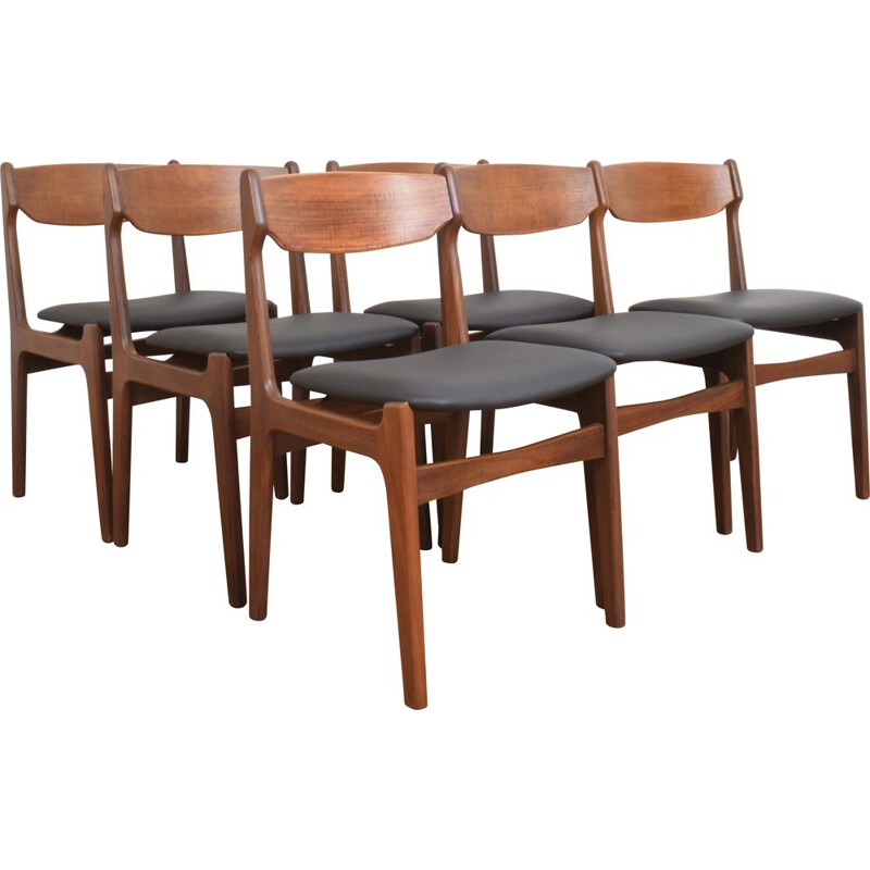 Ensemble de 6 chaises danoises vintage en teck et cuir par Erik Buch, 1960