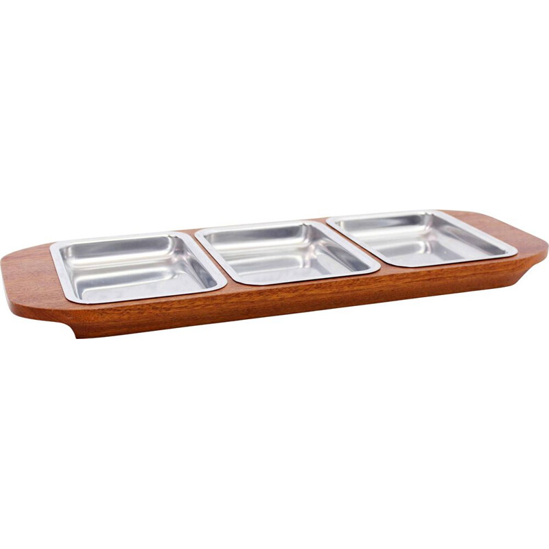 Vintage teak and aluminum serving tray, 1960