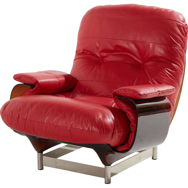 Poltrona vintage in pelle rosso marsala di Michel Ducaroy per Ligne Roset