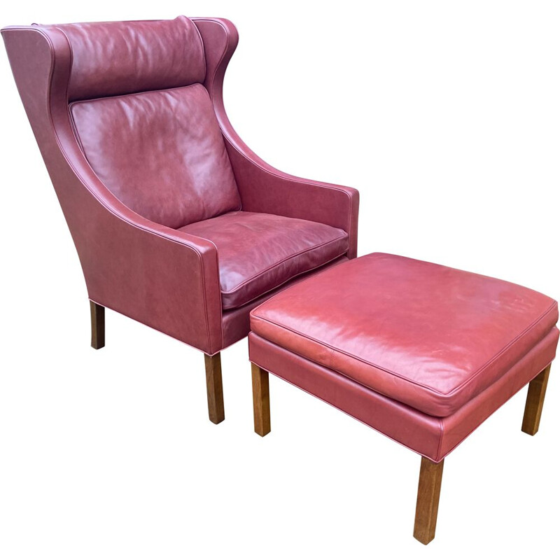 Vintage Indian red leather armchair and footrest by Borge Mogensen, 2004