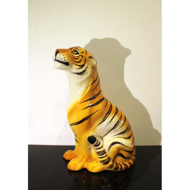 Vintage ceramic and terra cotta tiger sculpture, Italy 1970