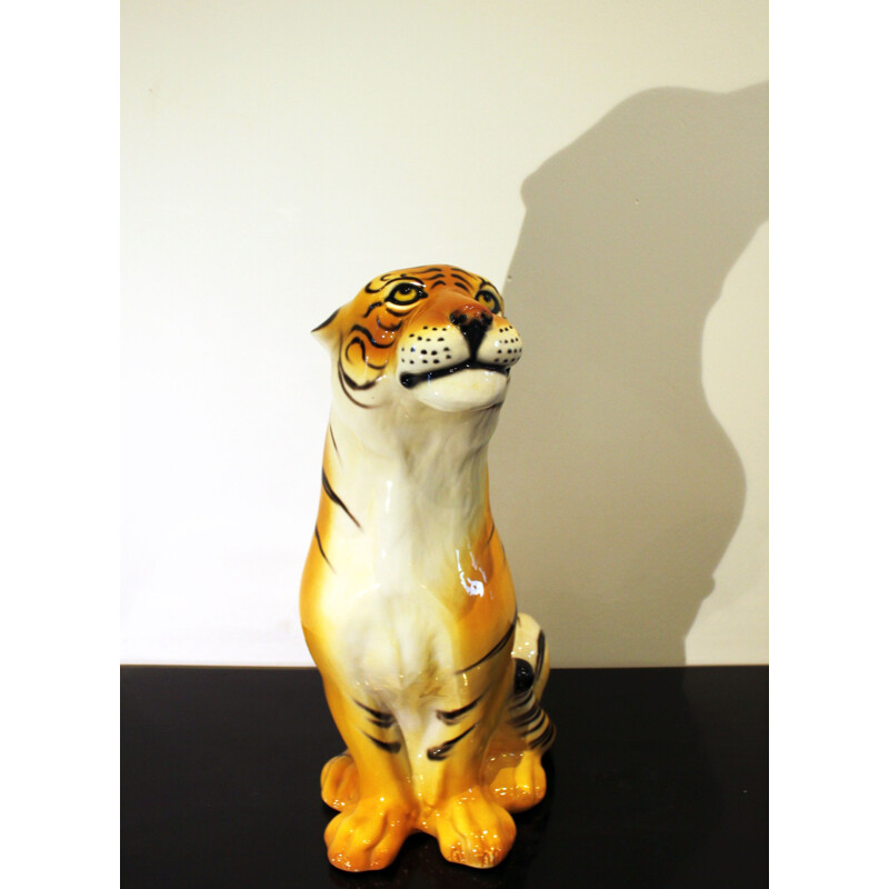 Vintage ceramic and terra cotta tiger sculpture, Italy 1970