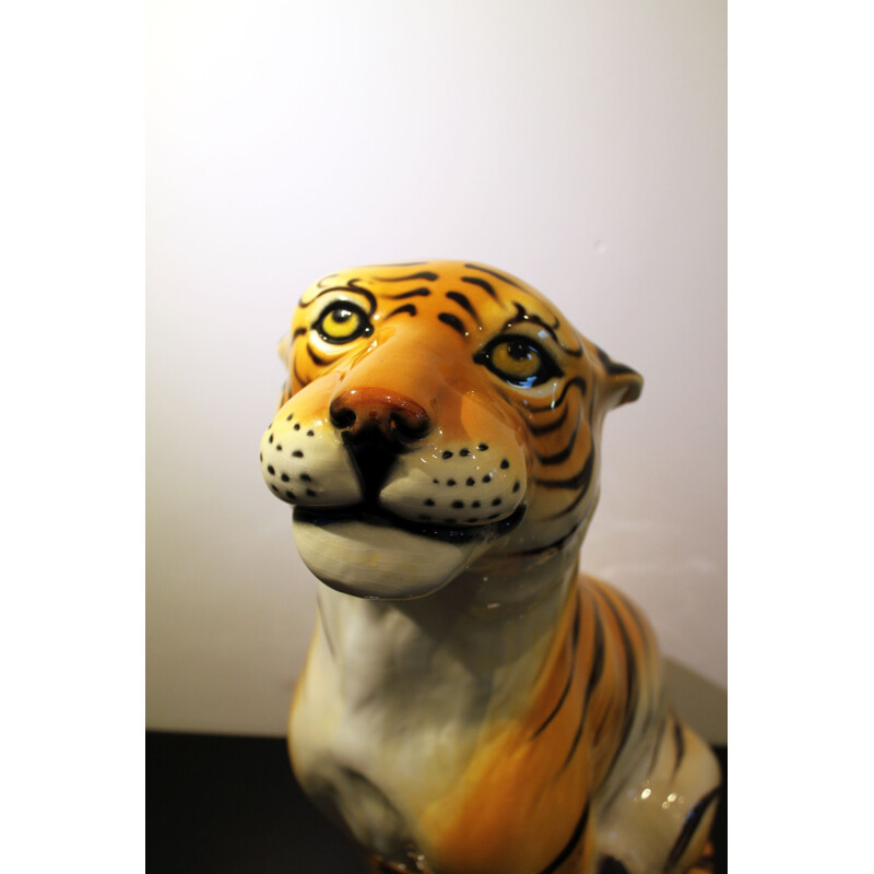 Vintage ceramic and terra cotta tiger sculpture, Italy 1970