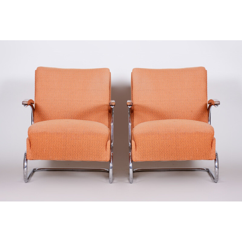 Paar vintage oranje Bauhaus fauteuils van Marcel Breuer voor Mucke Melder, 1930