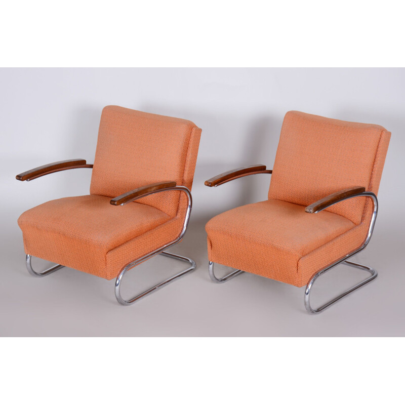 Paar vintage oranje Bauhaus fauteuils van Marcel Breuer voor Mucke Melder, 1930