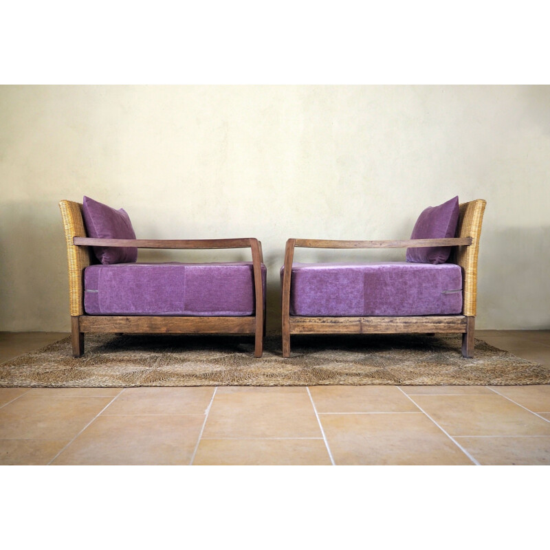 Pair of vintage rattan armchairs with velvet cushions, 1950