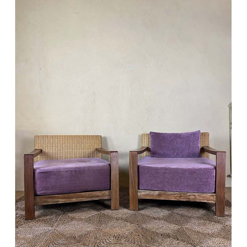 Ein Paar Vintage-Sessel aus Rattan und Samtkissen, 1950