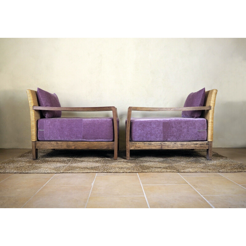 Pair of vintage rattan armchairs with velvet cushions, 1950