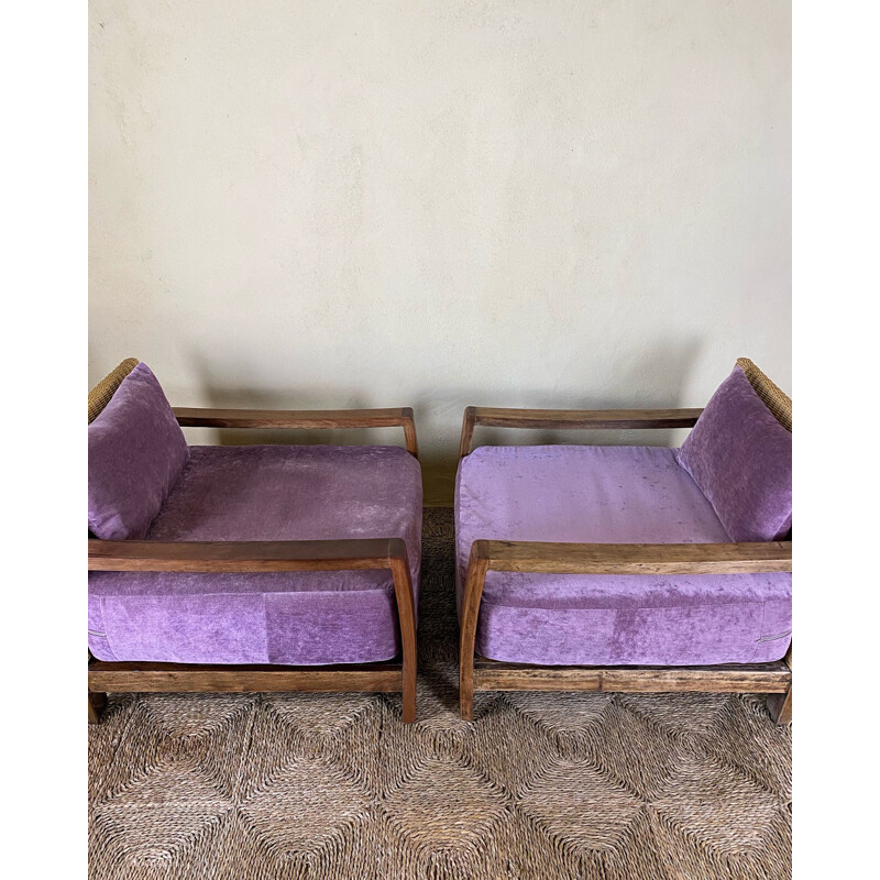 Pair of vintage rattan armchairs with velvet cushions, 1950