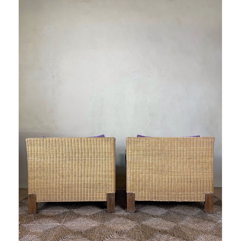 Paar vintage rotan fauteuils met fluwelen kussens, 1950