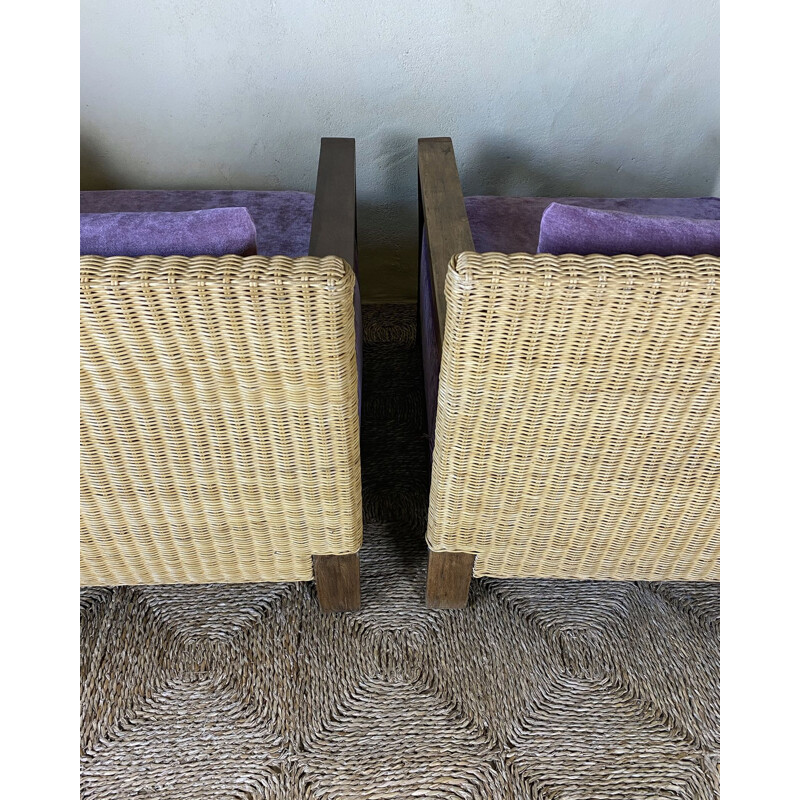 Pair of vintage rattan armchairs with velvet cushions, 1950