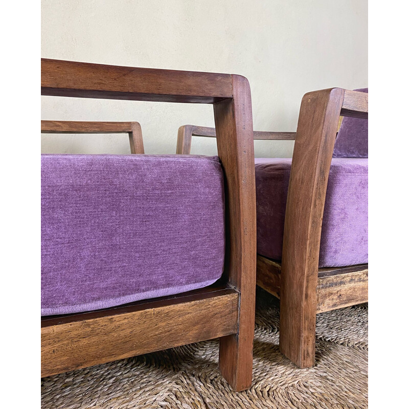 Pair of vintage rattan armchairs with velvet cushions, 1950