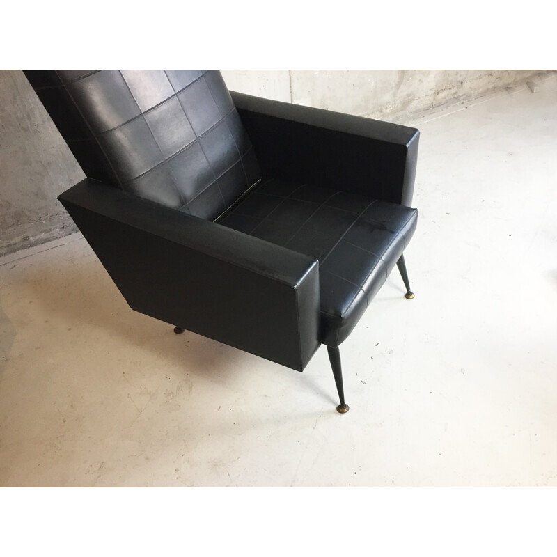 French armchair in black leatherette and brass - 1960s