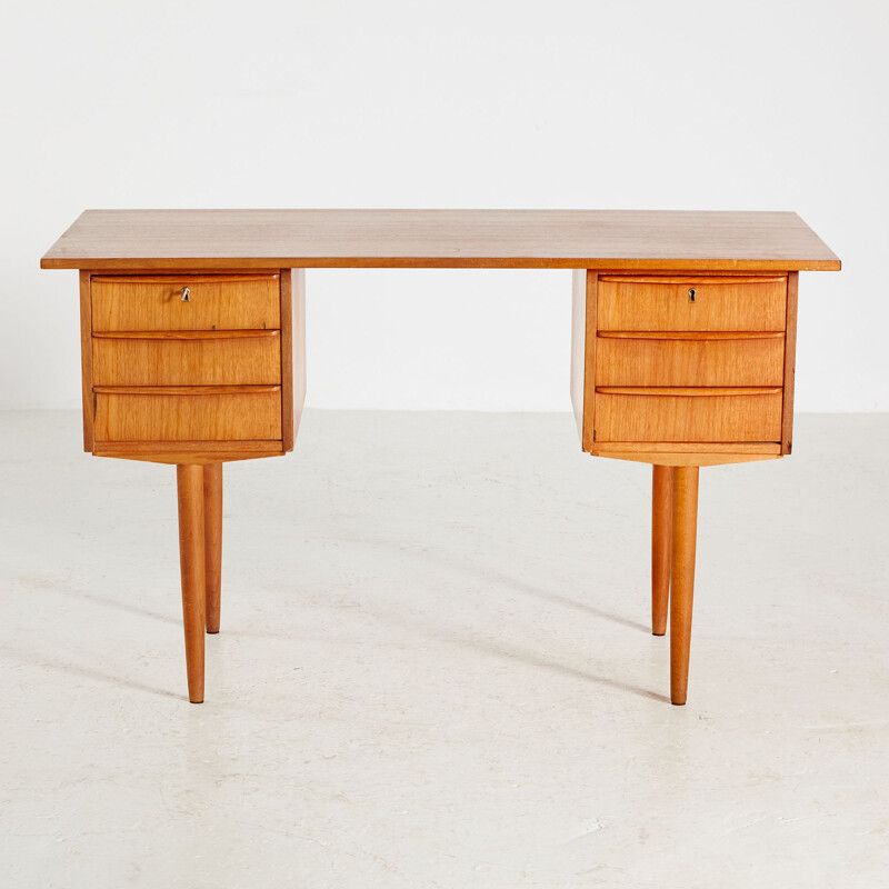 Teak vintage Danish desk with six-drawer, 1960s