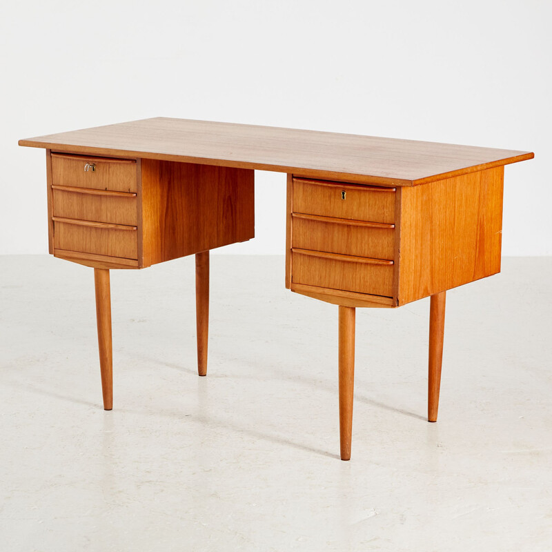 Teak vintage Danish desk with six-drawer, 1960s