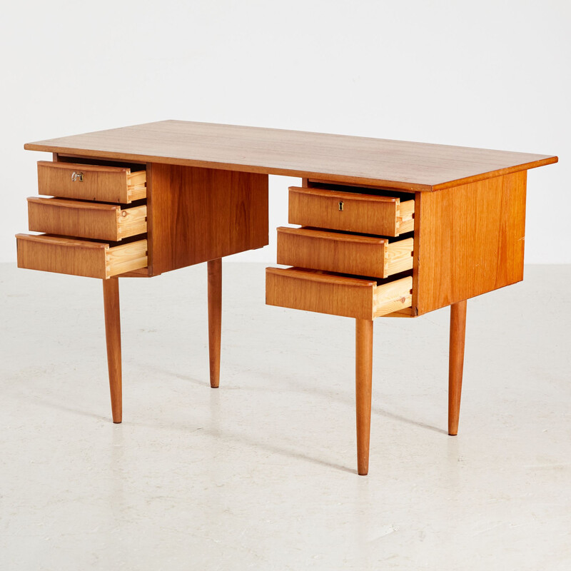 Teak vintage Danish desk with six-drawer, 1960s