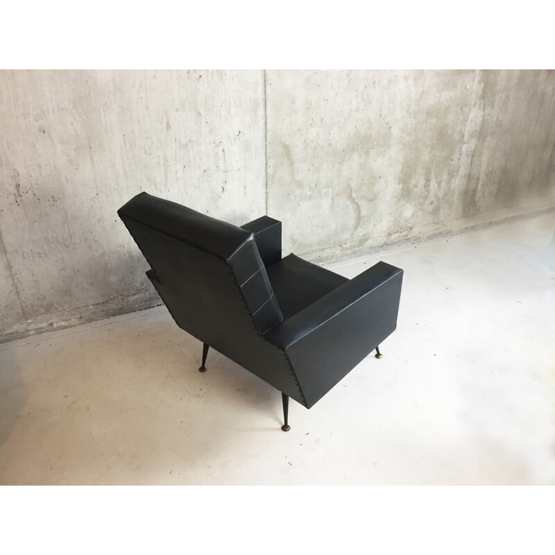 French armchair in black leatherette and brass - 1960s