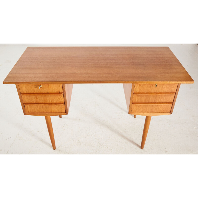 Teak vintage Danish desk with six-drawer, 1960s