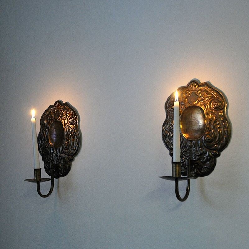 Pair of vintage brass wall candlestick by Lars Holmstrom for Arvika, Sweden 1950s