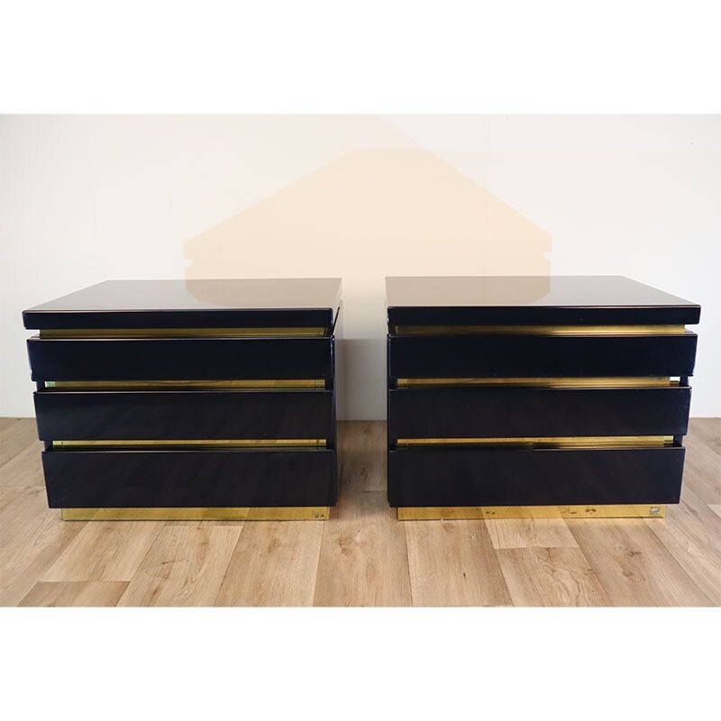 Pair of vintage night stands in lacquered wood and brass by Jean-Claude Mahey, 1970