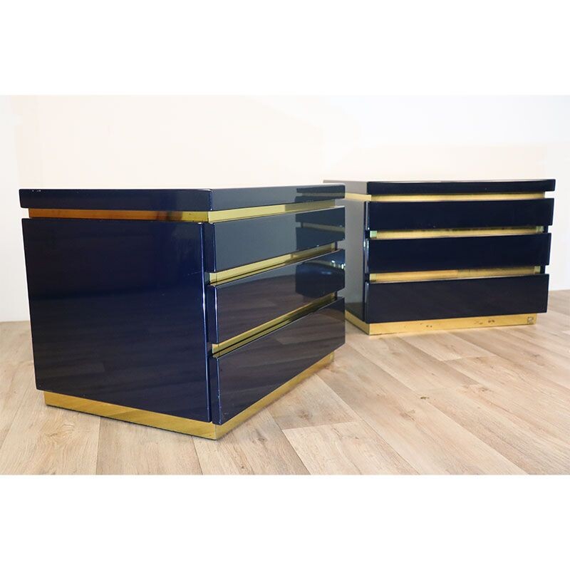 Pair of vintage night stands in lacquered wood and brass by Jean-Claude Mahey, 1970