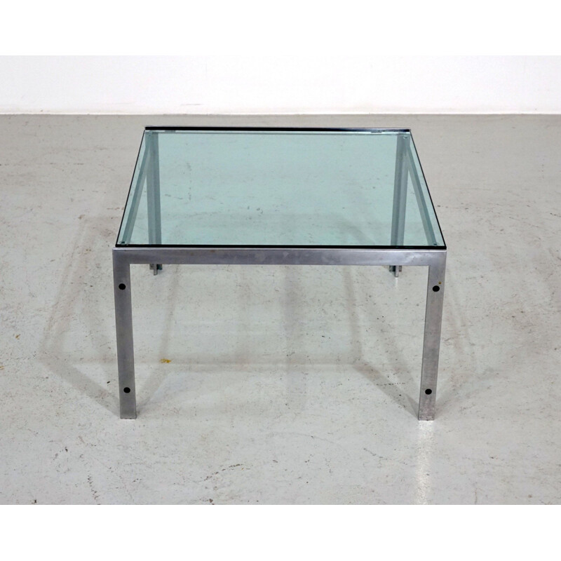 Table basse vintage en acier inoxydable et verre metaform M-2, 1990