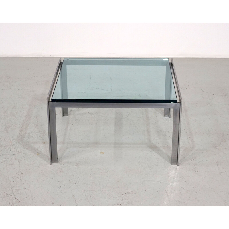Table basse vintage en acier inoxydable et verre metaform M-2, 1990