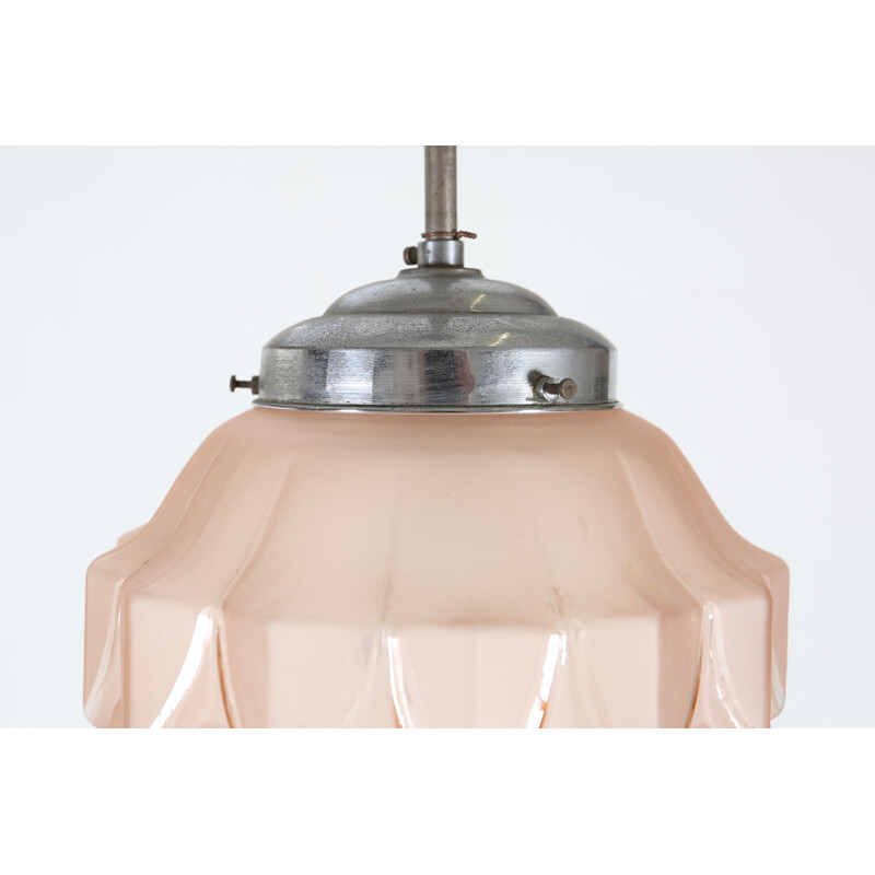 Vintage art deco pendant lamp in pink glass, France 1930