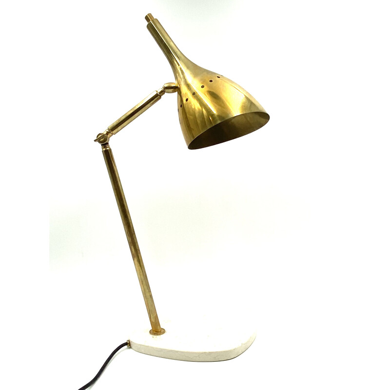 Vintage verguld messing bureaulamp met Carrara marmeren voet, Italië 1980