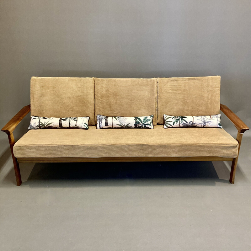 Scandinavian vintage 3-seater teak and velvet sofa, 1950