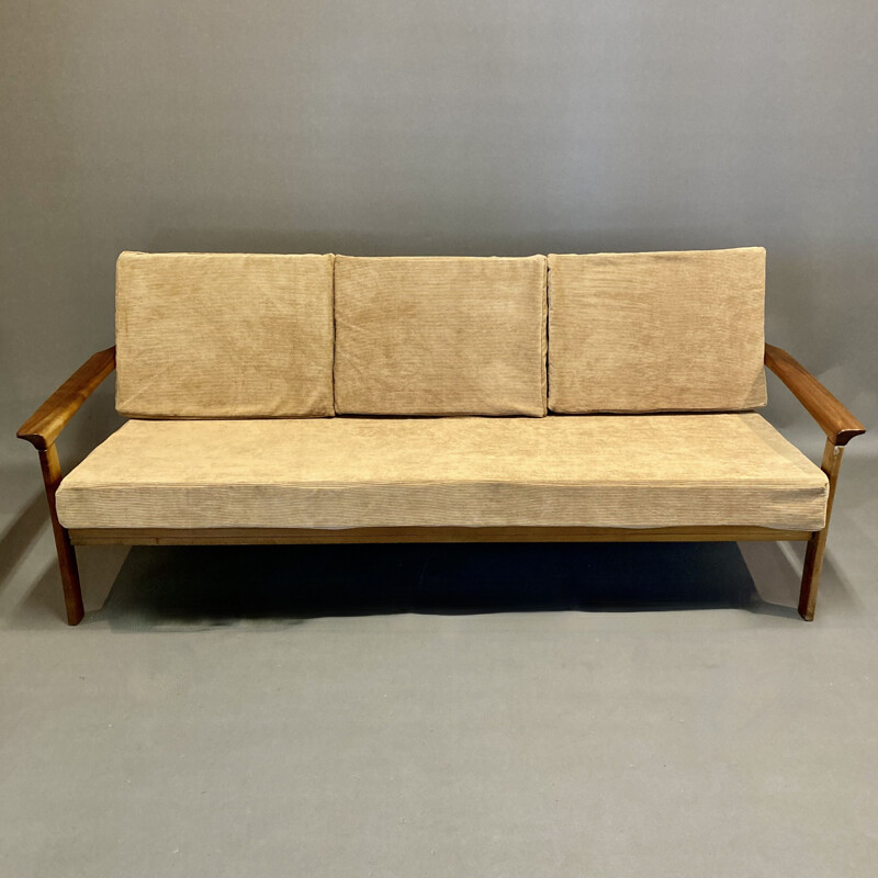 Scandinavian vintage 3-seater teak and velvet sofa, 1950