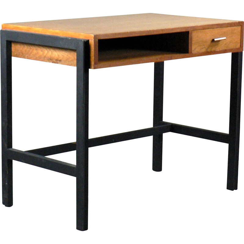 Small desk in black lacquered beech and oak - 1950s