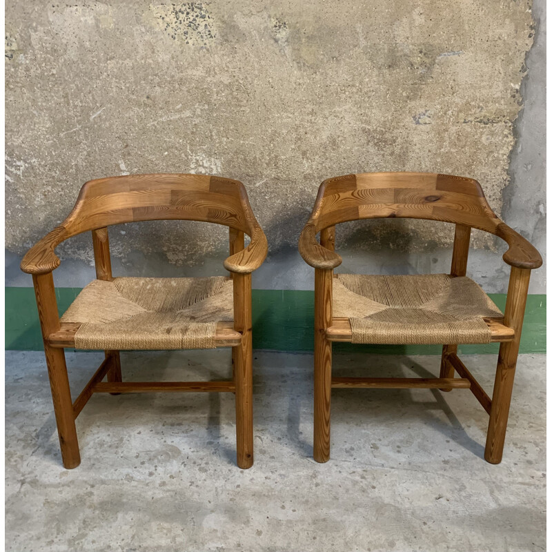 Pair of vintage pine and rope armchairs by Rainer Daumiller