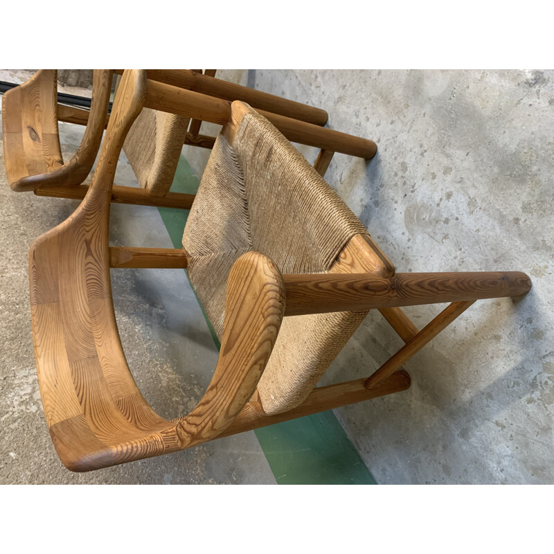 Pair of vintage pine and rope armchairs by Rainer Daumiller