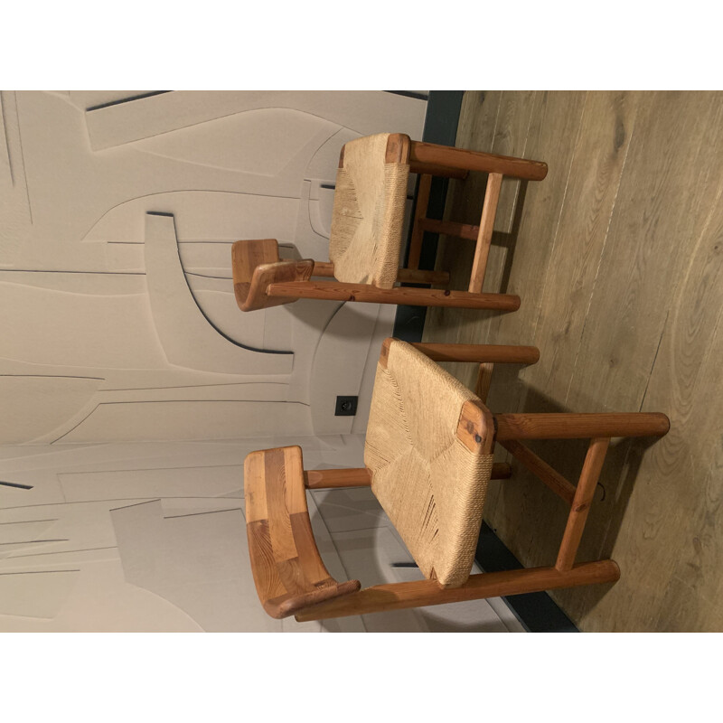 Paire de chaises vintage en pin et corde de Rainer Daumiller