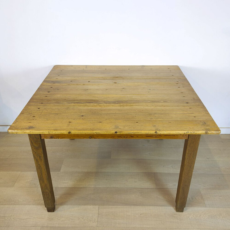 Rustic vintage square dining table, Spain 1930s