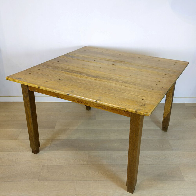 Rustic vintage square dining table, Spain 1930s