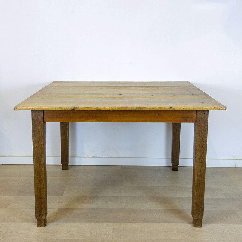 Rustic vintage square dining table, Spain 1930s