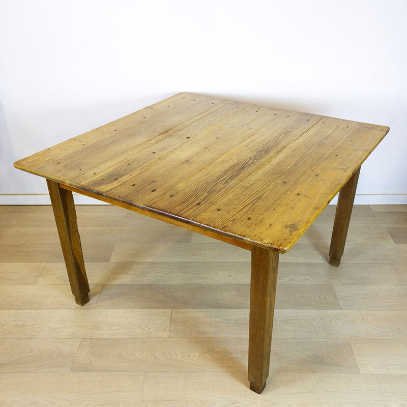 Rustic vintage square dining table, Spain 1930s
