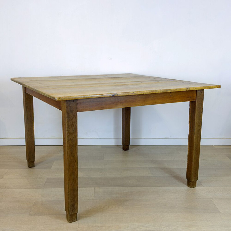 Rustic vintage square dining table, Spain 1930s