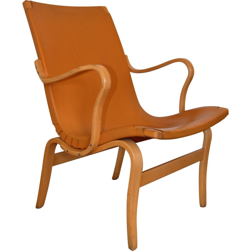 Fauteuil "Eva" Dux en bois courbé et cuir orange, Bruno MATTHSON - 1970